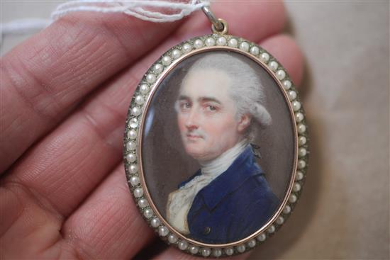 John Smart (1742-1811) Miniature portrait of a gentleman wearing a blue coat, 1.75 x 1.25in.